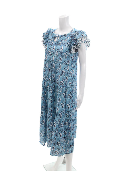Bindu Womens Cotton Floral Print Cap Sleeve Drawstring Tiered Dress Blue Size S