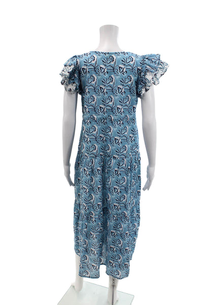 Bindu Womens Cotton Floral Print Cap Sleeve Drawstring Tiered Dress Blue Size S