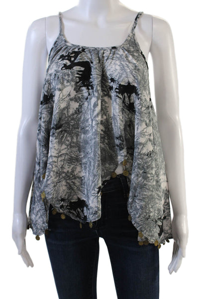Raga Womens Abstract Print Embellished Hem Sleeveless Blouse Top Gray Size XS