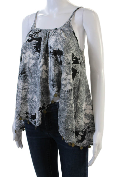Raga Womens Abstract Print Embellished Hem Sleeveless Blouse Top Gray Size XS