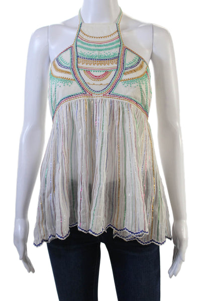 Floreat Womens Embroidered Striped Sleeveless Halter Blouse Multicolor Size 0
