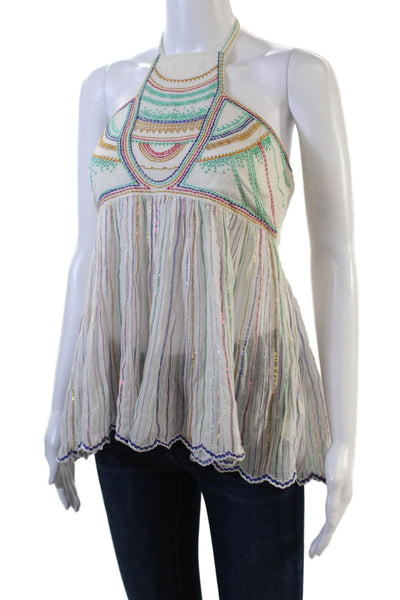 Floreat Womens Embroidered Striped Sleeveless Halter Blouse Multicolor Size 0
