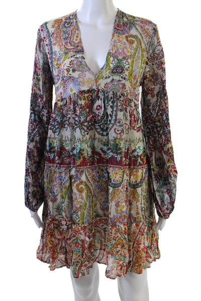 Zara Womens Abstract Floral Print V-Neck Long Sleeve Tiered Dress Multicolor Siz