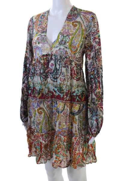 Zara Womens Abstract Floral Print V-Neck Long Sleeve Tiered Dress Multicolor Siz