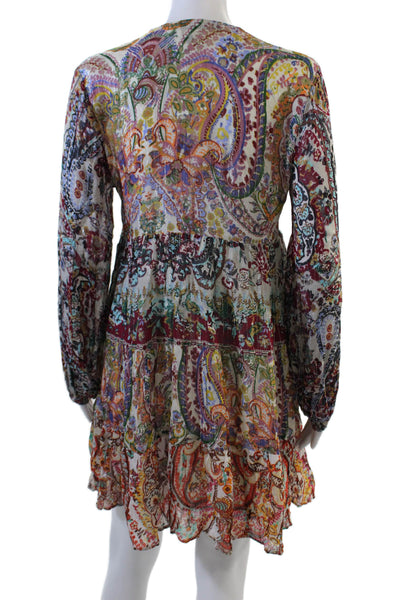 Zara Womens Abstract Floral Print V-Neck Long Sleeve Tiered Dress Multicolor Siz