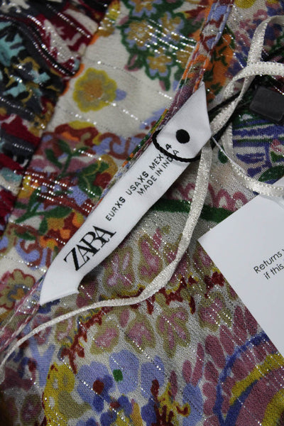 Zara Womens Abstract Floral Print V-Neck Long Sleeve Tiered Dress Multicolor Siz