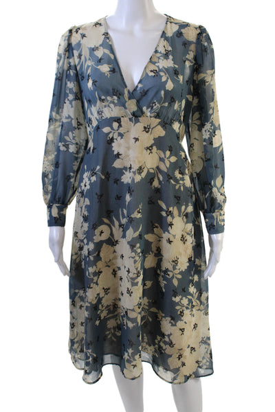 Zara Womens Floral Print Sheer Bishop Sleeve V-Neck Maxi Dress Blue Size S