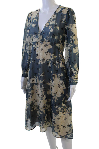 Zara Womens Floral Print Sheer Bishop Sleeve V-Neck Maxi Dress Blue Size S