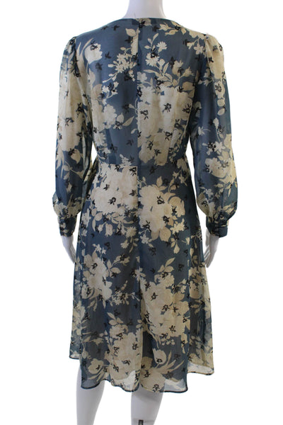 Zara Womens Floral Print Sheer Bishop Sleeve V-Neck Maxi Dress Blue Size S