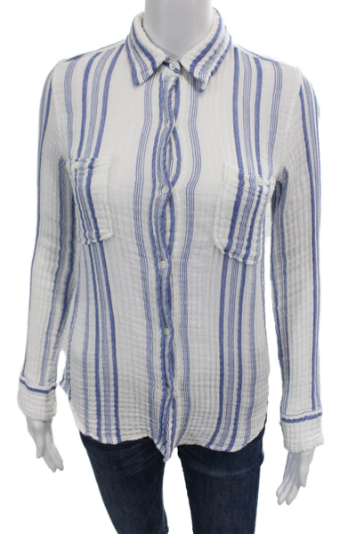 Nili Lotan Womens Cotton Long Sleeve V-neck Button Stripe Top White Size XS