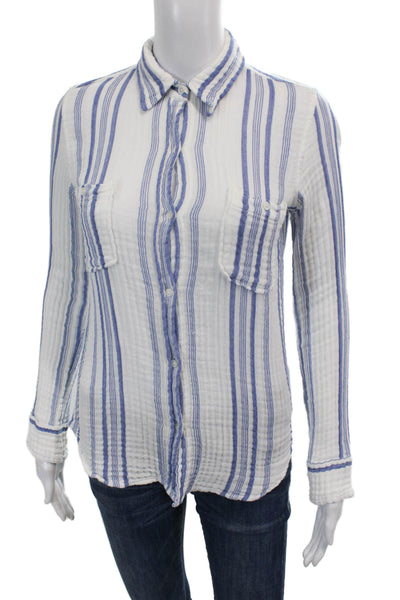 Nili Lotan Womens Cotton Long Sleeve V-neck Button Stripe Top White Size XS