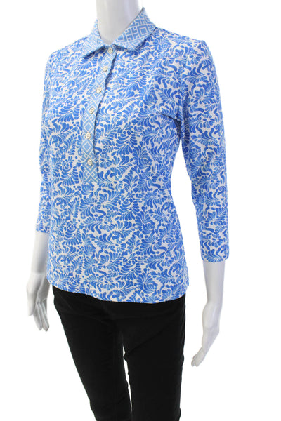 J. Mclaughlin Women's 3/4 Sleeves Quarter Button Blue Floral Blouse Size XS