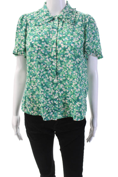 Cefinn Women's Short Sleeves Collared Button Down Green Floral Shirt Size 4