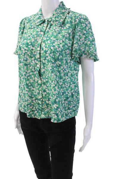 Cefinn Women's Short Sleeves Collared Button Down Green Floral Shirt Size 4