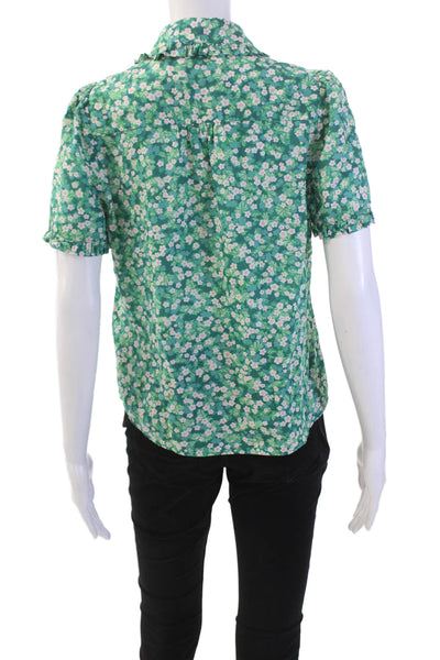 Cefinn Women's Short Sleeves Collared Button Down Green Floral Shirt Size 4