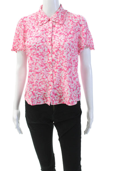 Cefinn Women's Collared Short Sleeves Button Down Floral Shirt Pink Size 4