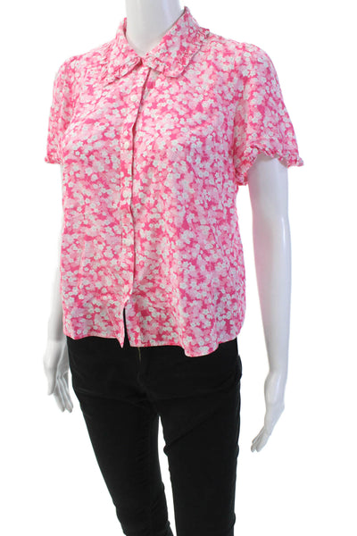 Cefinn Women's Collared Short Sleeves Button Down Floral Shirt Pink Size 4