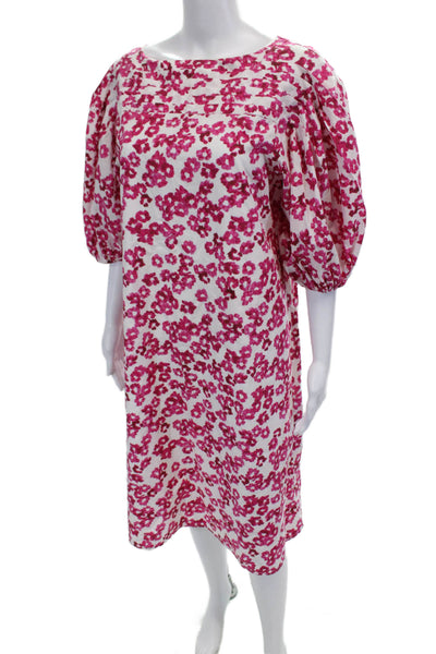 Merlette Womens Abstract Print Puffy Sleeves Dress White Pink Cotton Size Small