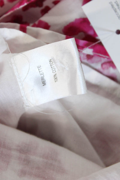 Merlette Womens Abstract Print Puffy Sleeves Dress White Pink Cotton Size Small