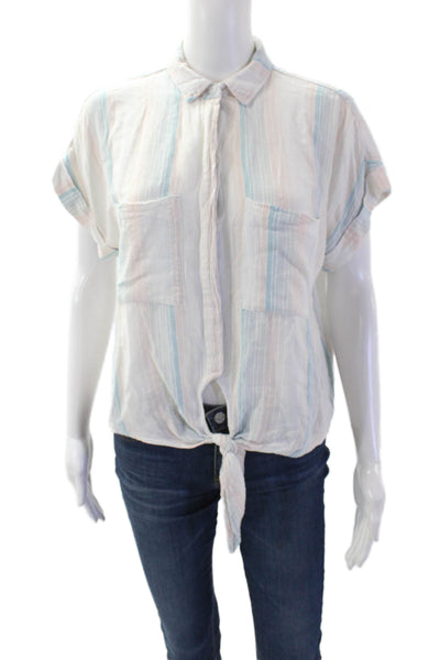 Bella Dahl Women's Short Sleeves Button Down Tie Front Striped Blouse Size XS
