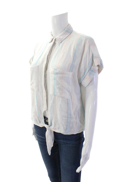 Bella Dahl Women's Short Sleeves Button Down Tie Front Striped Blouse Size XS