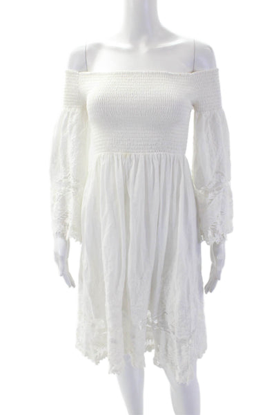 Giacomo Cinque Womens Cotton Embroidered Hem Off Shoulder Dress White One Size