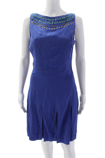 Tomas Maier Womens Embellished Print Sleeveless Slit Hem Dress Blue Size 2