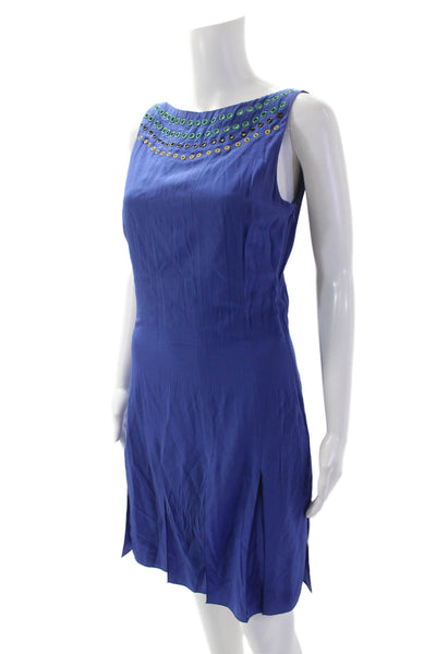 Tomas Maier Womens Embellished Print Sleeveless Slit Hem Dress Blue Size 2