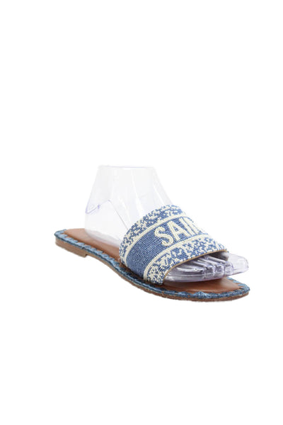 De Siena Leather Beaded Embroidered Slip On Flat Sandals Blue Size 7.5