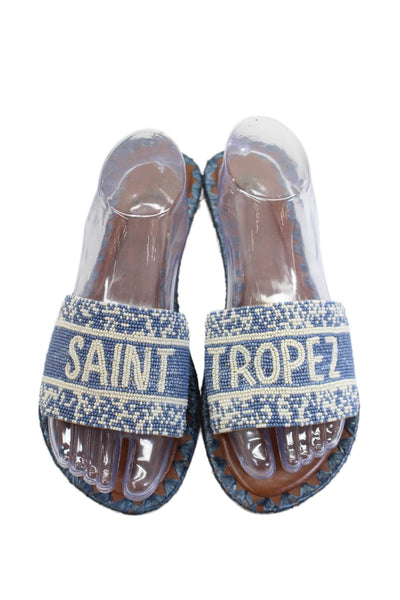 De Siena Leather Beaded Embroidered Slip On Flat Sandals Blue Size 7.5