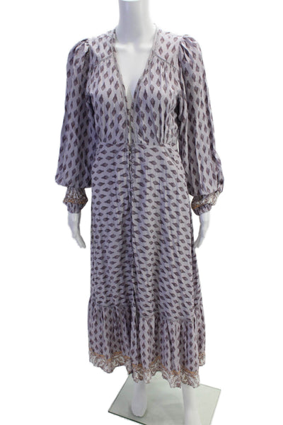 Jaase Womens V-Neck Bishop Sleeve Buttoned Tiered Maxi Dress Purple Size XS