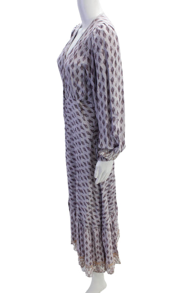 Jaase Womens V-Neck Bishop Sleeve Buttoned Tiered Maxi Dress Purple Size XS