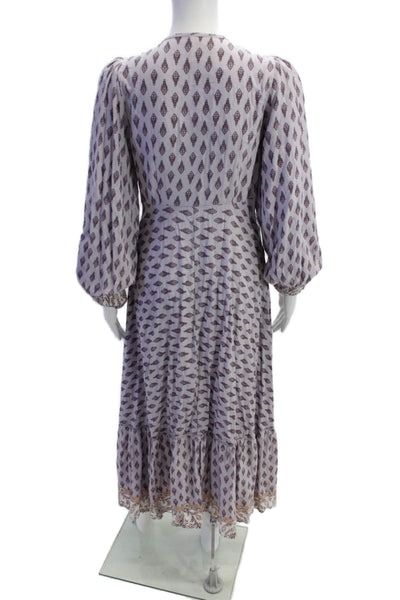 Jaase Womens V-Neck Bishop Sleeve Buttoned Tiered Maxi Dress Purple Size XS
