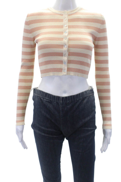 Zara Womens Striped Print Ribbed Button Down Cropped Cardigan Beige Size S