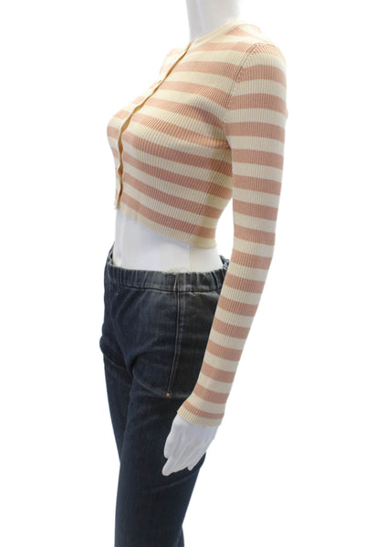 Zara Womens Striped Print Ribbed Button Down Cropped Cardigan Beige Size S