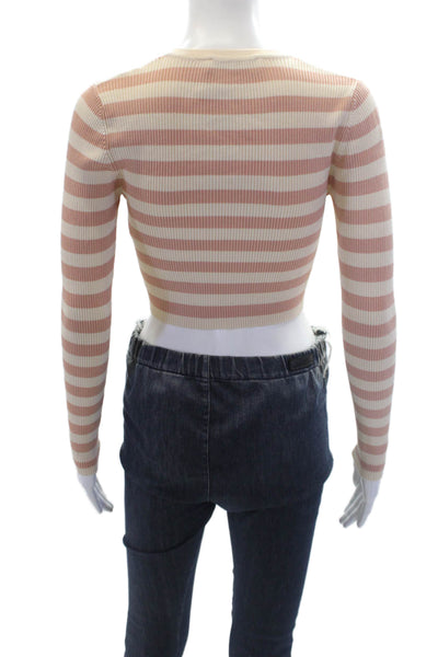 Zara Womens Striped Print Ribbed Button Down Cropped Cardigan Beige Size S