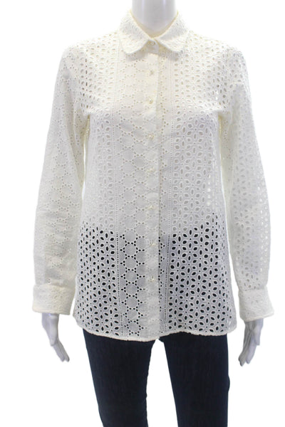 Maheas Paris Womens Cotton Eyelet Print Collared Button Down Top White Size S