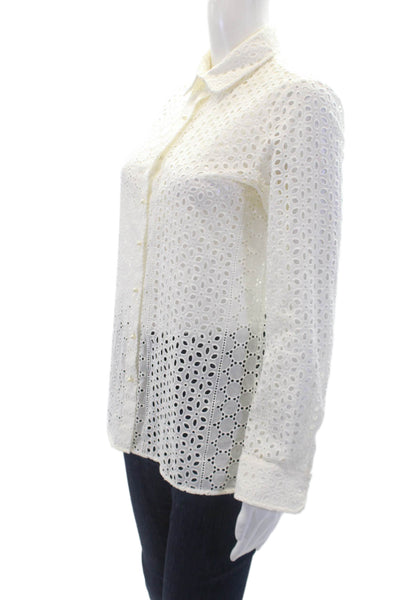 Maheas Paris Womens Cotton Eyelet Print Collared Button Down Top White Size S
