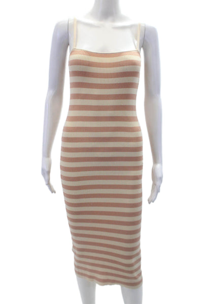 Zara Womens Striped Print Ribbed Sleeveless Midi Bodycon Dress Beige Size S