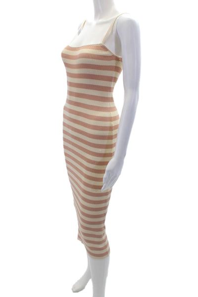 Zara Womens Striped Print Ribbed Sleeveless Midi Bodycon Dress Beige Size S