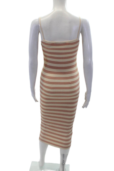 Zara Womens Striped Print Ribbed Sleeveless Midi Bodycon Dress Beige Size S
