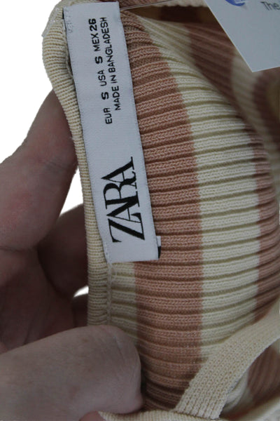 Zara Womens Striped Print Ribbed Sleeveless Midi Bodycon Dress Beige Size S