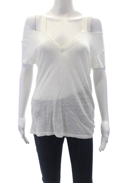 IRO Womens Linen V-Neck Short Sleeve Pullover Basic T-Shirt White Size XS