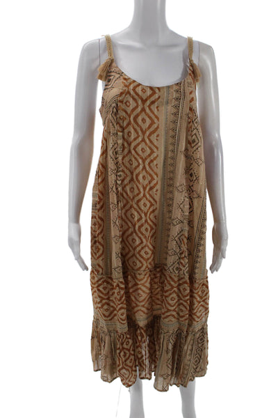 Z & L Womens Cotton Striped Side Slit Tasseled Accent Maxi Dress Beige Size S