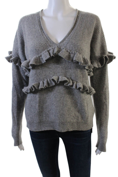 White + Warren Women's V-Neck Long Sleeves Ruffle Cashmere Sweater Gray Size S