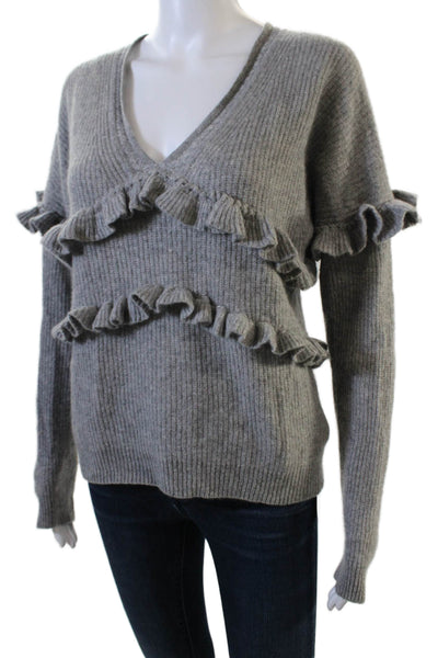 White + Warren Women's V-Neck Long Sleeves Ruffle Cashmere Sweater Gray Size S