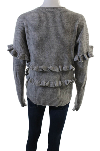 White + Warren Women's V-Neck Long Sleeves Ruffle Cashmere Sweater Gray Size S