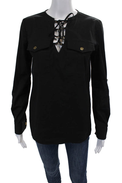 Michael Kors Womens Cotton Lace-Up Y-Neck Long Sleeve Blouse Black Size 2