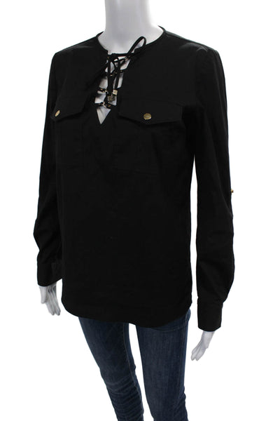 Michael Kors Womens Cotton Lace-Up Y-Neck Long Sleeve Blouse Black Size 2