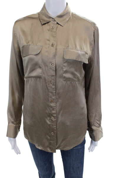 Equipment Femme Womens Silk Collar Long Sleeve Button-Down Shirt Brown Size XS